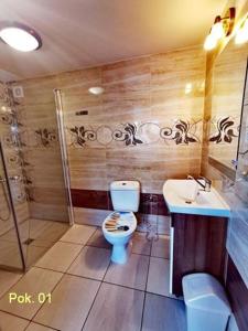 Villa Krysia 50 m do morza في مينززدرويه: حمام مع مرحاض ومغسلة