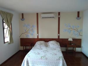 a bedroom with a bed with a white comforter at Villa Donn'Anna in Analândia