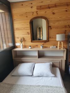 Schlafzimmer mit einem Bett, einem Spiegel und einem Waschbecken in der Unterkunft Appartement Queyrelet Orcières in Orcières