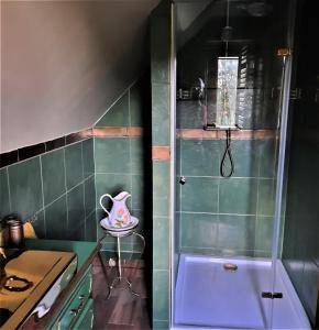 a small bathroom with a shower and a sink at Cichosza - The Sound Of Silence in Białowieża