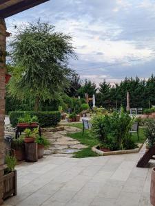 un jardín con bancos, mesas y un árbol en Casale Boschi - Rifugio di Pianura en Cotignola