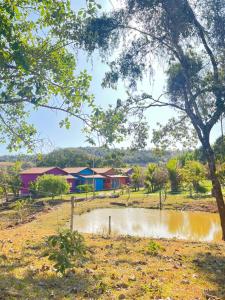 a small pond in a field with houses in the background at Sítio Barriguda in Alexânia