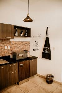 a kitchen with a counter and a microwave on a wall at Casa Leonardo in Aguascalientes