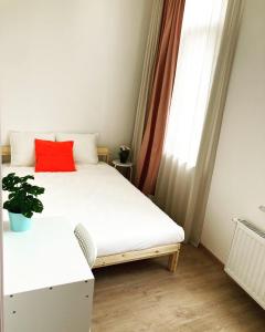 Benny's Rooms Brussels City Centre في بروكسل: غرفة نوم صغيرة بسرير ومخدة حمراء