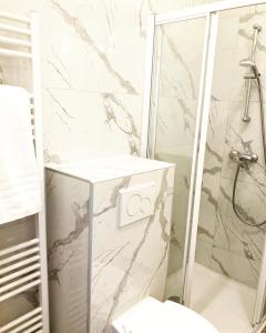 y baño blanco con ducha y aseo. en Benny's Rooms Brussels City Centre, en Bruselas