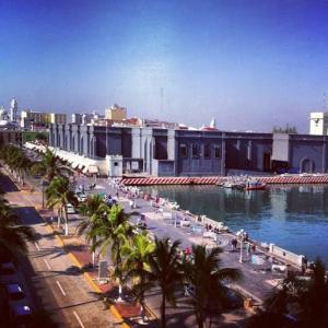 una ciudad con palmeras y un cuerpo de agua en Hotel Santander Veracruz - Malecon en Veracruz