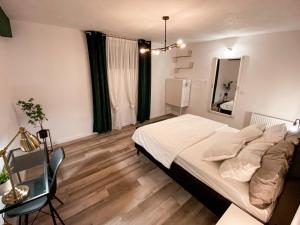 a bedroom with a bed and a chair and a mirror at Apartment Sleep & Fly Zagreb Airport in Velika Gorica