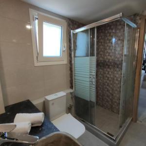 a bathroom with a glass shower and a toilet at THROUBI VILLA in Agia Galini