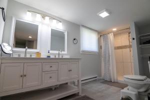 a bathroom with a sink and a toilet and a mirror at Pocono Lake Retreat - Relaxing 3bdm retreat w/ High Speed Wi-Fi, Work Space and Firepit in Pocono Lake