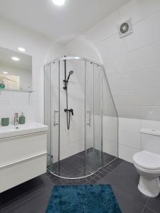 La salle de bains est pourvue d'une douche, de toilettes et d'un lavabo. dans l'établissement 3kampai, à Moletai