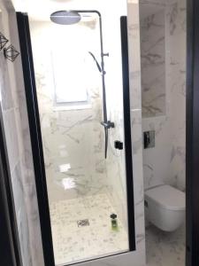 y baño con ducha y puerta de cristal. en Appartement Chez Bernadette à 50m de la plage, en Saint-Cast-le-Guildo