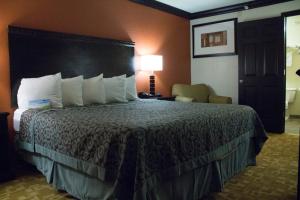 una camera d'albergo con un grande letto e una lampada di Days Inn by Wyndham Oklahoma City/Moore a Oklahoma City