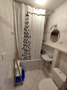 łazienka z prysznicem, toaletą i umywalką w obiekcie Apartament Helskie Trolle w HELU w mieście Hel