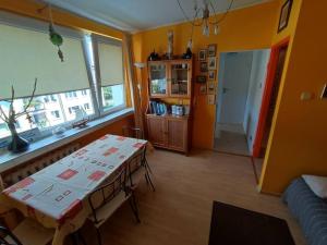 jadalnia ze stołem i oknem w obiekcie Apartament Helskie Trolle w HELU w mieście Hel