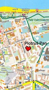 a map of a city with a red dot at Piotruś Pan by Orzechowa Przystań Centrum przy promenadzie in Ustka