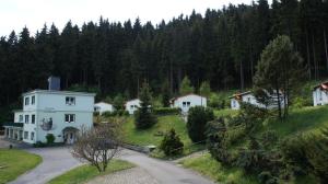 una casa su una collina vicino a una strada di Pension Am Waldesrand a Ilmenau