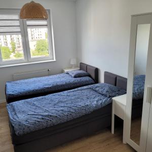 - une chambre avec 2 lits et un miroir dans l'établissement Bm Apartamenty Przytulny apartament 142 w centrum Szczecina, à Szczecin