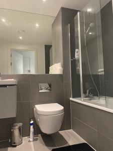 a bathroom with a toilet and a shower and a sink at Morden 1 bedroom City- Apt Central stylish living in Croydon