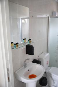 a white bathroom with a sink and a toilet at Saklı Cennet Bungalow & Tatil Köyü in Çarşıbaşı