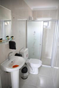 een badkamer met een toilet, een wastafel en een douche bij Saklı Cennet Bungalow & Tatil Köyü in Çarşıbaşı