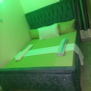 a bedroom with a green bed with a wooden headboard at La Grande cosy studio apartment in Mtwapa