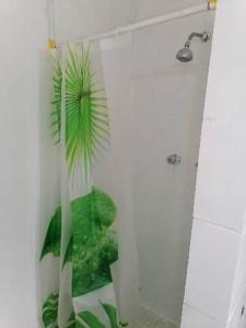 a bathroom with a plant in the corner of a shower at Cabañas casa victoria in Centro Jaramillo