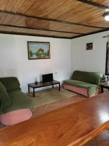 a living room with two green couches and a table at Cabañas casa victoria in Centro Jaramillo