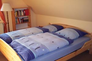 a bedroom with two beds with blue pillows at Gästezimmer Charlotte in Dresden