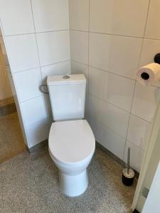 a white toilet in a bathroom with a roll of toilet paper at Vakantiehuis in het hart van Medemblik in Medemblik