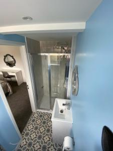 a bathroom with a shower and a white sink at Brookbank Luxury 4 Bed House in Teignmouth