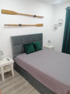 sypialnia z łóżkiem z zielonymi poduszkami i dwoma stołami w obiekcie Casa Avós D'Ouro - Barqueiros, Mesão Frio, Douro w mieście Mesão Frio