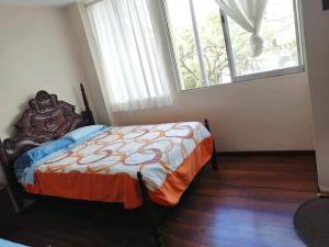 1 dormitorio con 1 cama en una habitación con ventana en HOTEL SARAGURO LOJA en Loja