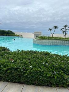 a resort swimming pool with blue water and flowers at The Pearls of Umhlanga - Ocean view Apartments in Durban