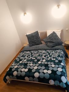 sypialnia z łóżkiem z czarno-białą kołdrą w obiekcie Appartement cosy entier, parking gratuit dans la rue w mieście Dijon
