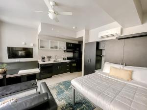 1 dormitorio grande con 1 cama y cocina en Sleepover Studio Apartments Downtown Springfield, en Springfield