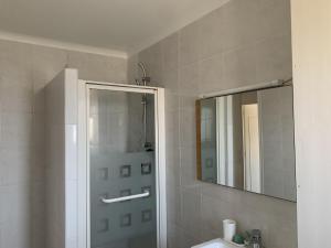 uma casa de banho com um chuveiro, um lavatório e um espelho. em Superbe T3 spacieux, lumineux et sans vis-à-vis em Vigneux-sur-Seine