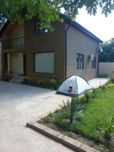 a tent in the grass in front of a house at Shale Qusar in Qusar