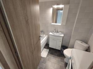 La salle de bains est pourvue de toilettes, d'un lavabo et d'une baignoire. dans l'établissement Complex Garsoniere FUNDENI, à Bucarest