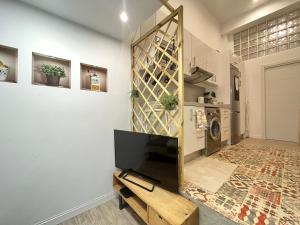 Ile Atocha Exterior Olivar في مدريد: غرفة معيشة مع تلفزيون وجدار مع مرآة