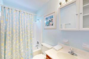 a bathroom with a sink and a shower curtain at Driftwood in St. George Island +20 photos