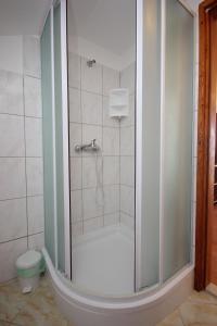 um chuveiro com uma porta de vidro na casa de banho em Apartments by the sea Soline, Dubrovnik - 8825 em Mlini
