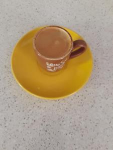 a cup of coffee sitting on a yellow plate at Садиба у Насті in Nizhniy Studenyy
