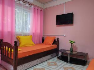 a bedroom with a bed with colorful pillows and a tv at Residence Casablanca in Ambatoloaka