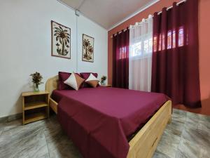 um quarto com uma cama com lençóis roxos e uma janela em Residence Casablanca em Ambatoloaka