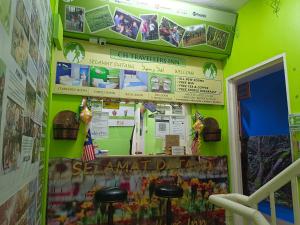 a room with a green wall with posters and stools at CH TRAVELLERS INN in Tanah Rata