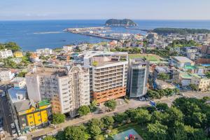 an aerial view of a city with the ocean at Hotel bridge Seogwipo in Seogwipo