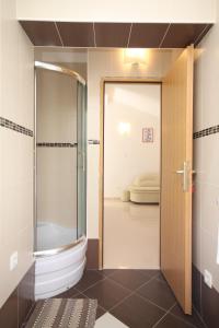 a bathroom with a shower and a glass door at Apartments by the sea Valun, Cres - 8086 in Valun