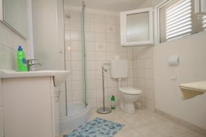 ein Bad mit einer Dusche, einem WC und einem Waschbecken in der Unterkunft Apartments by the sea Verunic, Dugi otok - 8104 in Veli Rat
