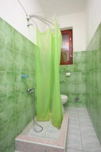 a bathroom with a shower with a green shower curtain at Apartments by the sea Zaglav, Dugi otok - 8134 in Sali