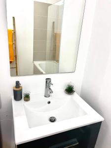 lavabo blanco en el baño con espejo en Entièrement équipé, climatisé, Wifi, au dernier étage sans vis à vis en Saint-Denis